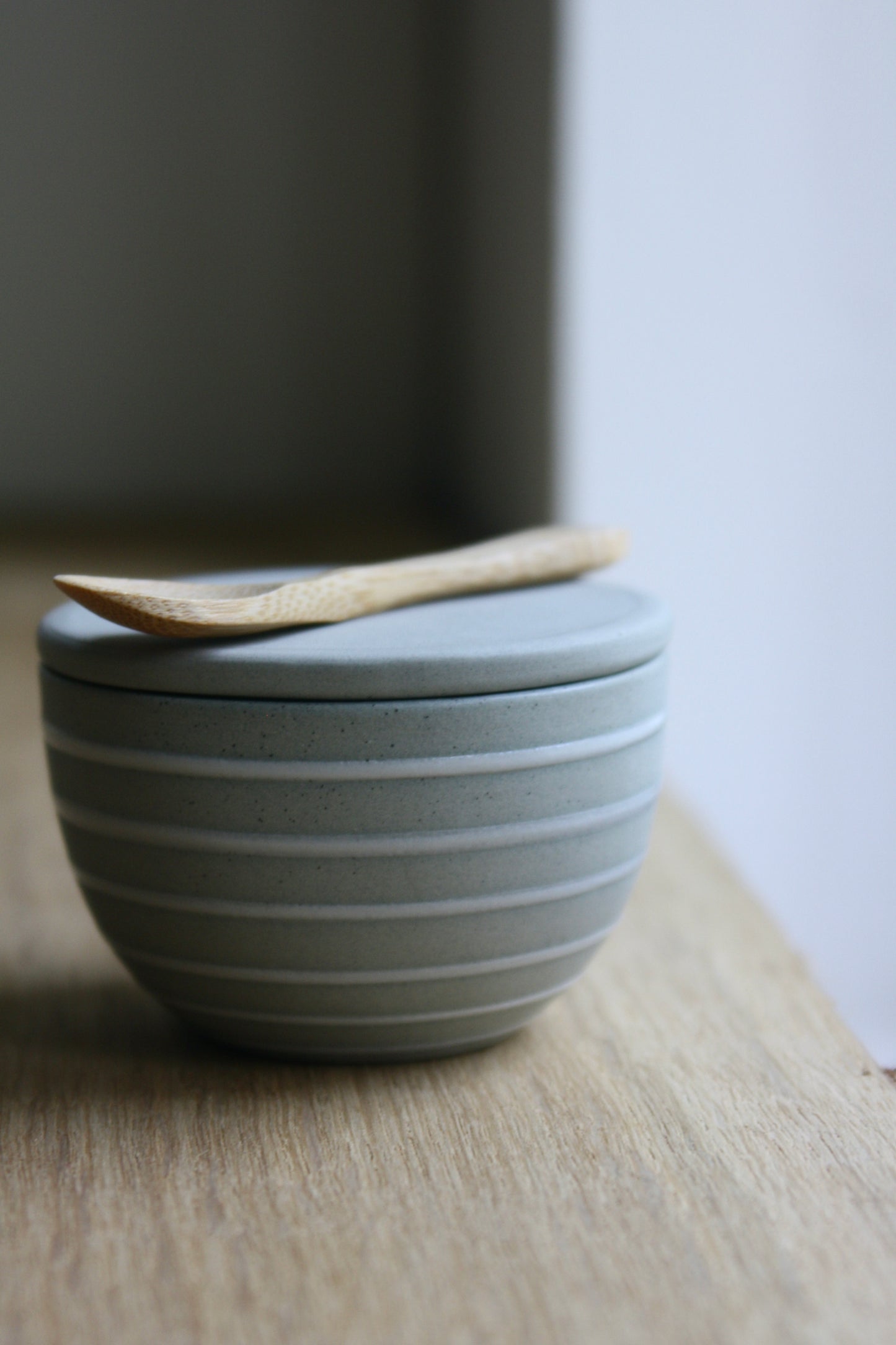 Lidded Bowl, w/Spoon, Blue stripes