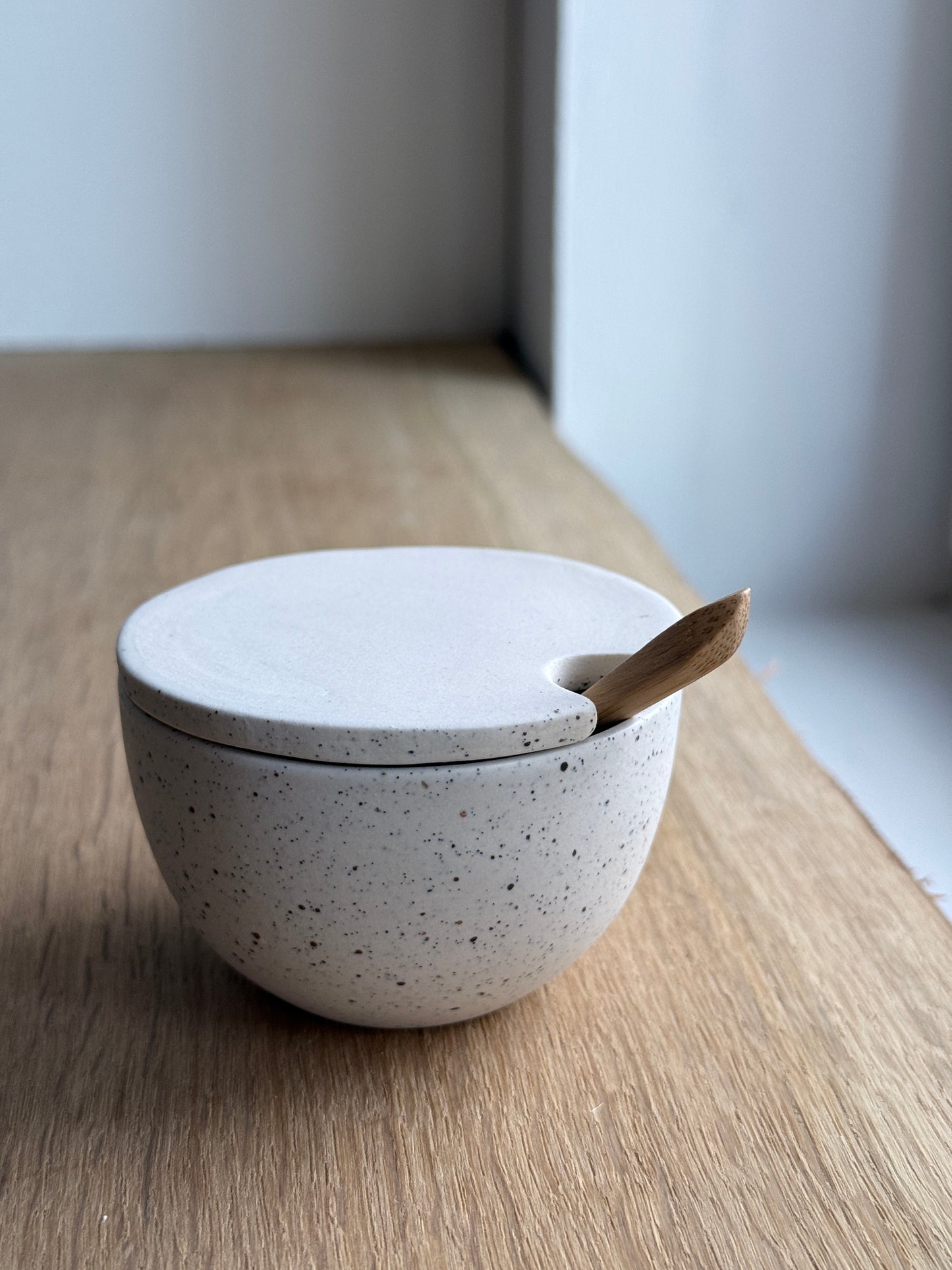 Salt Bowl, w/lid & Spoon, Dots w/ crystal glaze