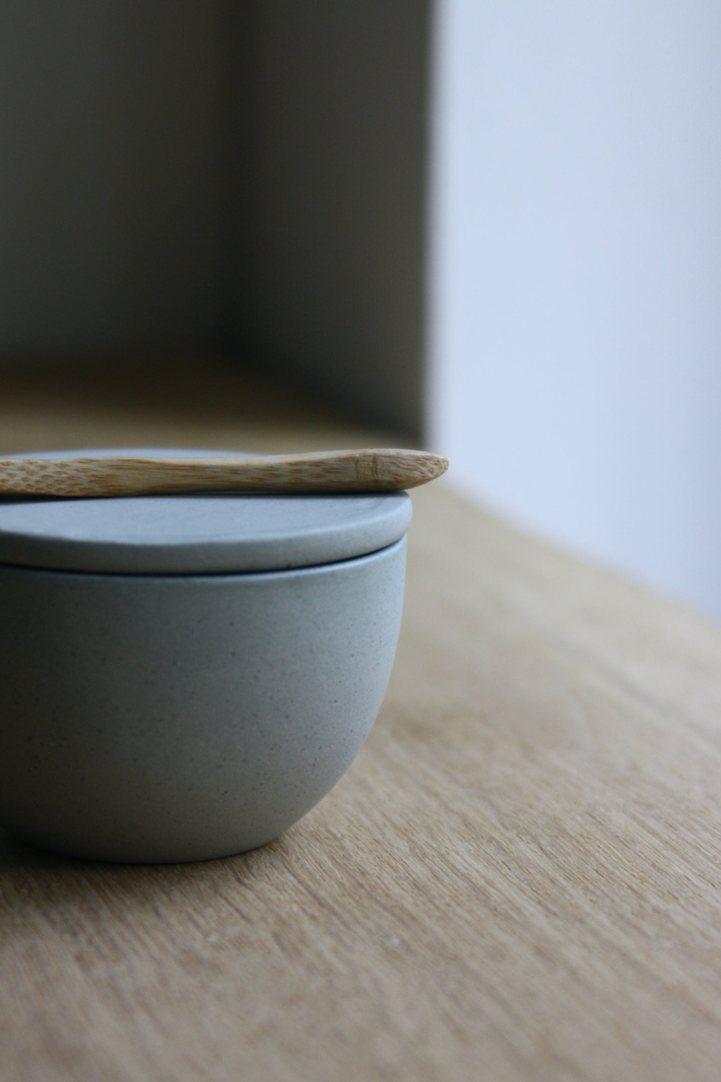 Lidded Bowl, w/Spoon Stone Blue w/crystal glaze