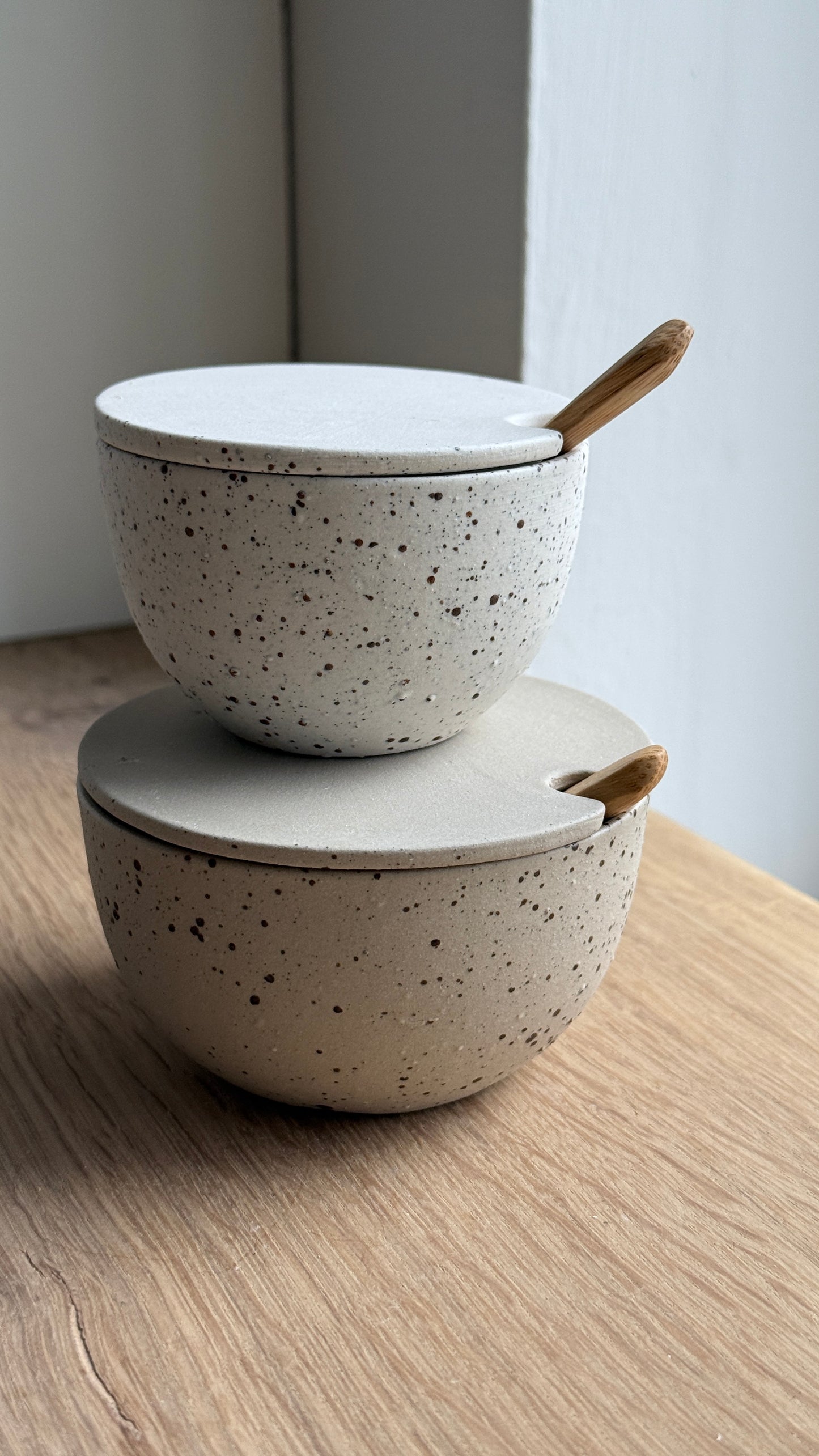 Sugar Bowl w/ lid & spoon, Sand & Dots w/ crystal glaze