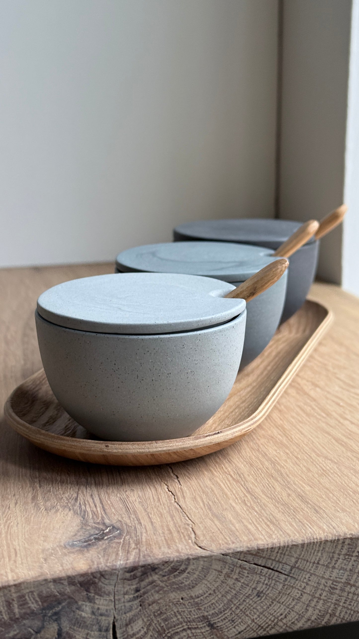 Salt Bowl, w/lid & Spoon, Stone Blue w/ crystal glaze