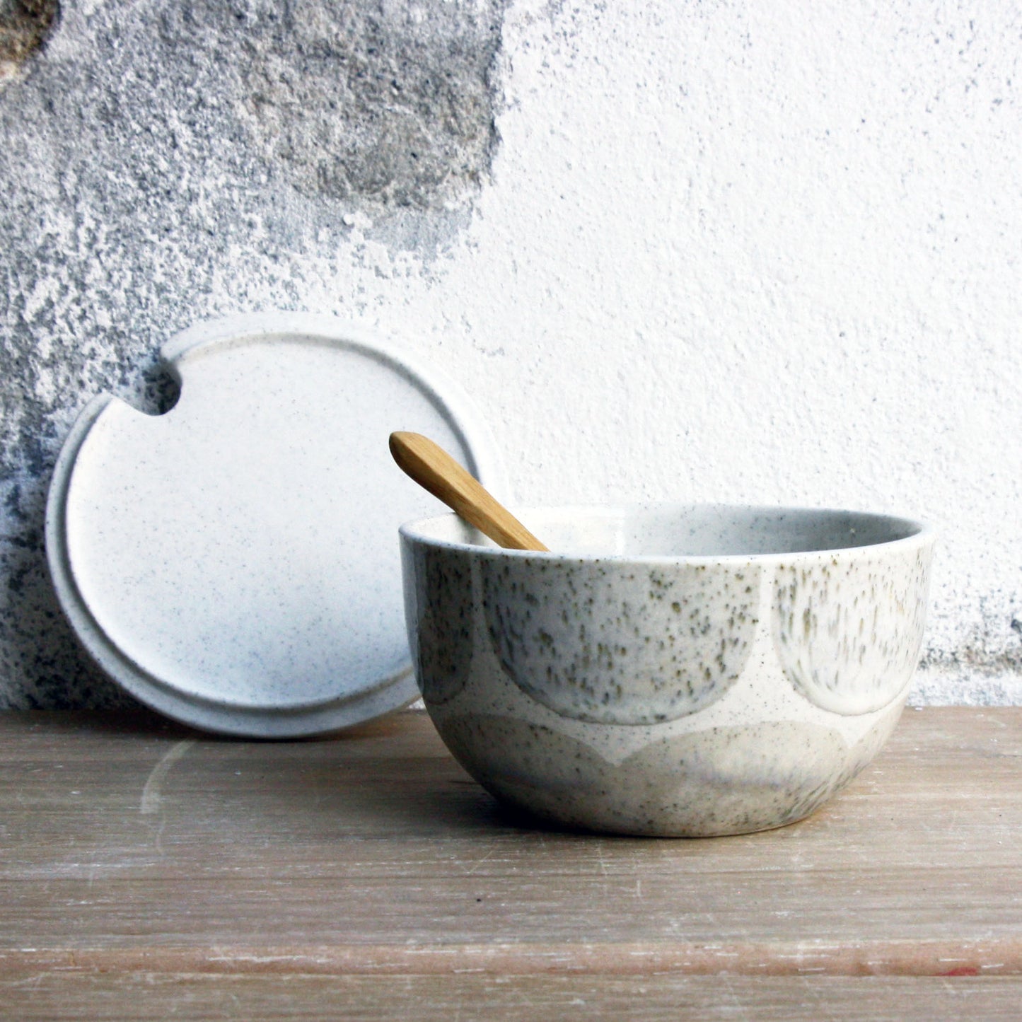 Sugar Bowl w/ lid & spoon, Light Stone Grey w/ brush strokes
