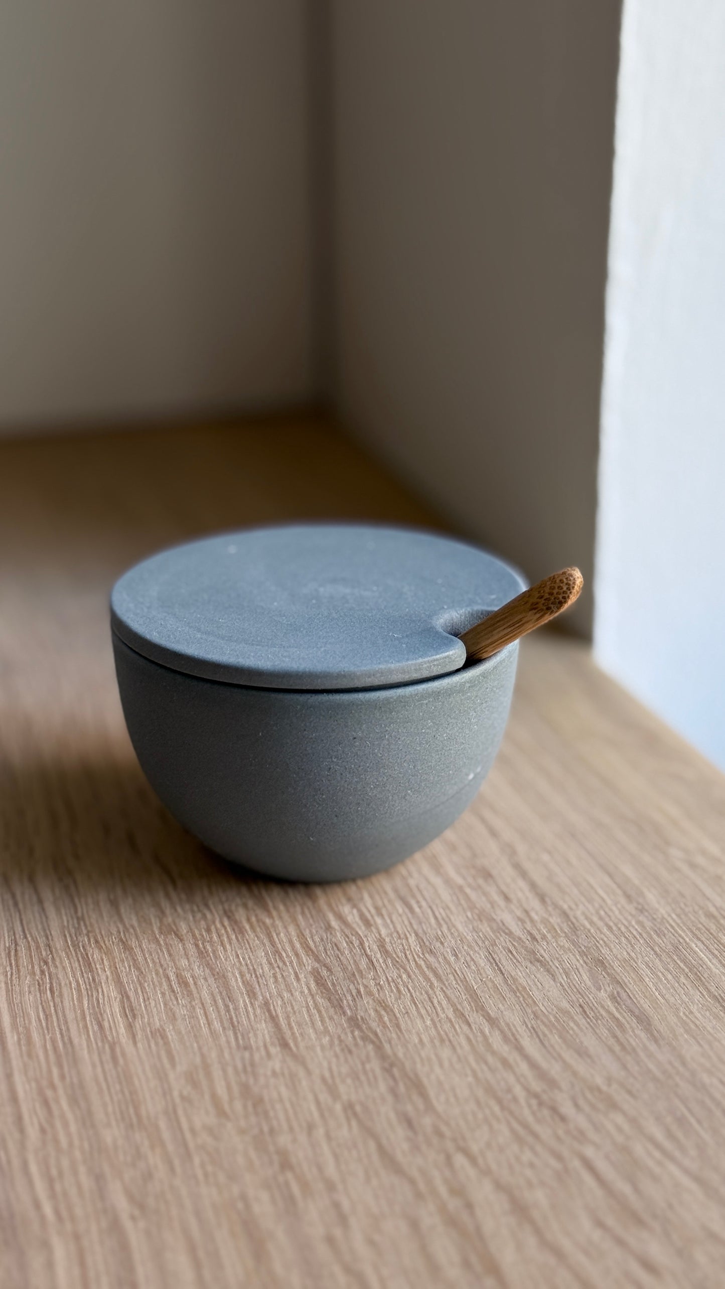 Salt Bowl, w/lid & Spoon, Petrol Blue w/ crystal glaze