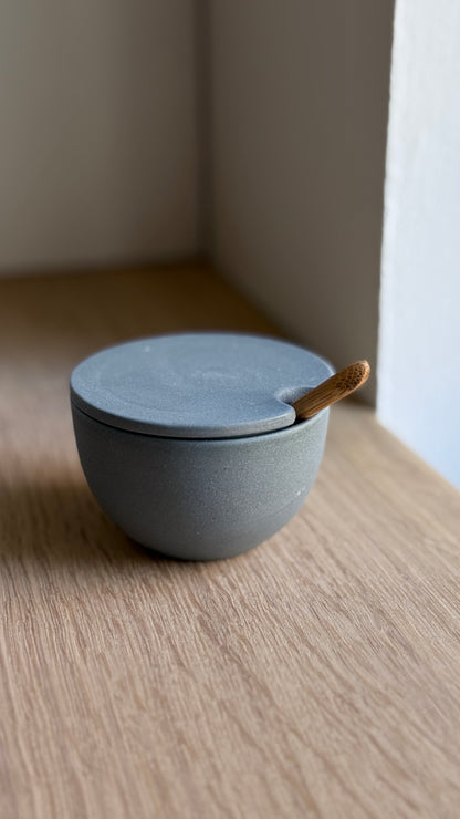 Salt Bowl, w/lid & Spoon, Petrol Blue w/ crystal glaze