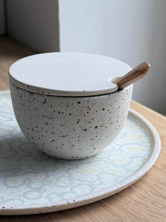Salt Bowl, w/lid & Spoon, Dots w/ crystal glaze