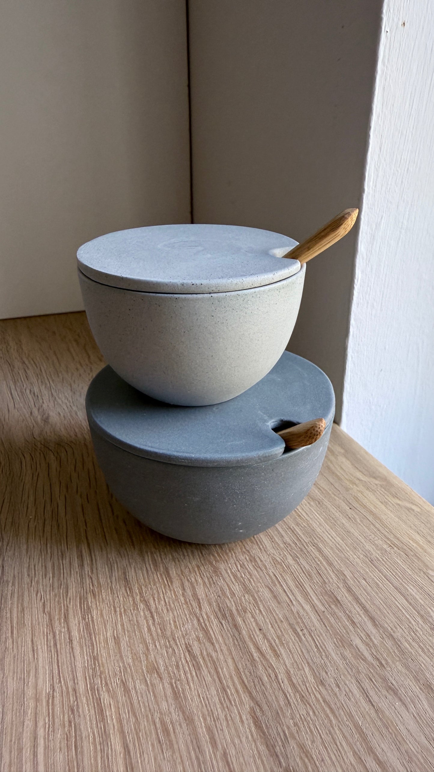 Salt Bowl, w/lid & Spoon, Stone Blue w/ crystal glaze