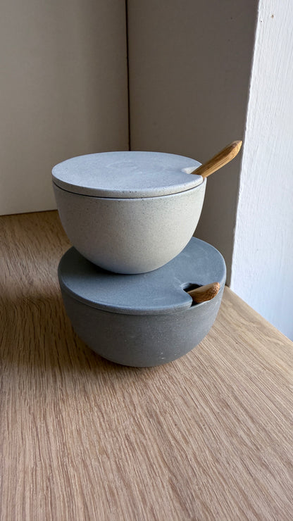Salt Bowl, w/lid & Spoon, Stone Blue w/ crystal glaze