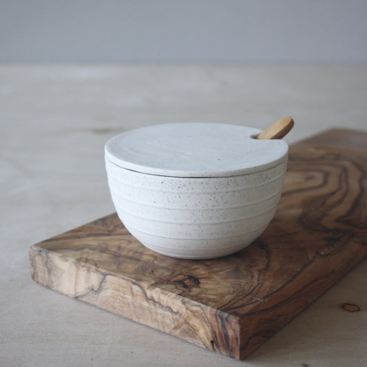 Sugar Bowl w/ lid & spoon, Light Stone Grey w/ glazed stripes