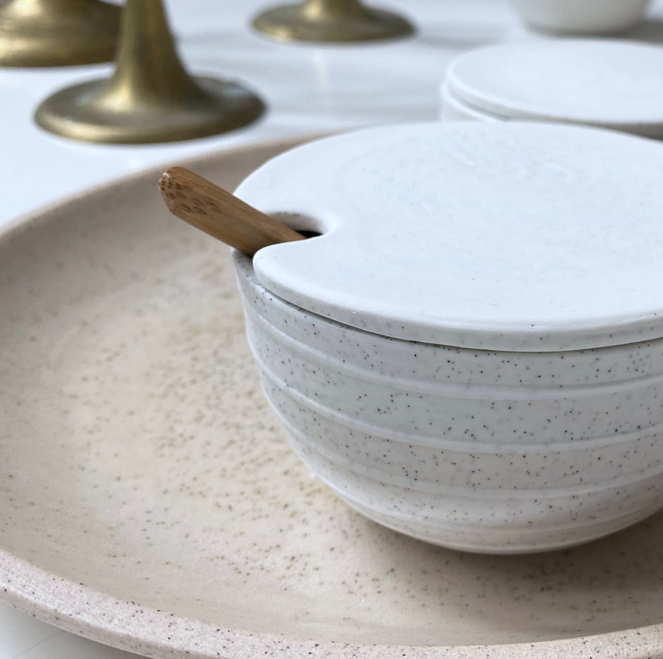 Sugar Bowl w/ lid & spoon, Light Stone Grey w/ glazed stripes