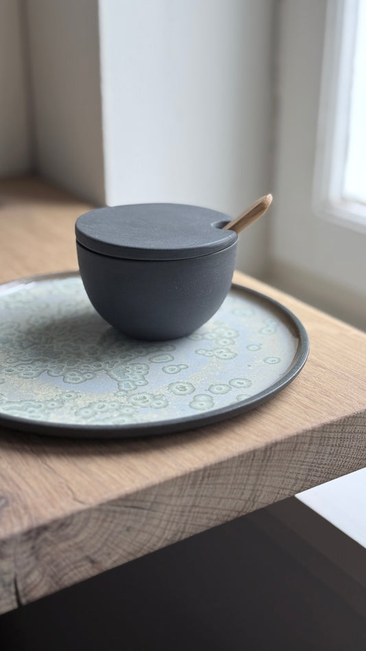 Salt Bowl, w/lid & Spoon, Black w/ crystal glaze