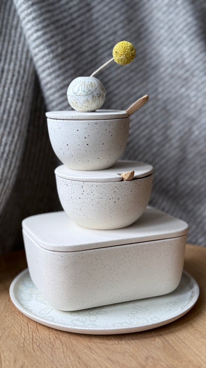 Sugar Bowl w/ lid & spoon, Dots w/ crystal glaze