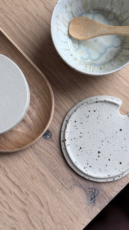 Salt Bowl, w/lid & Spoon, sand& Dots w/ crystal glaze