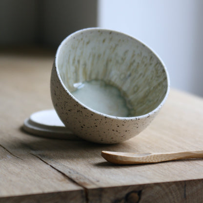Salt Bowl, w/lid & Spoon, Dots w/ crystal glaze