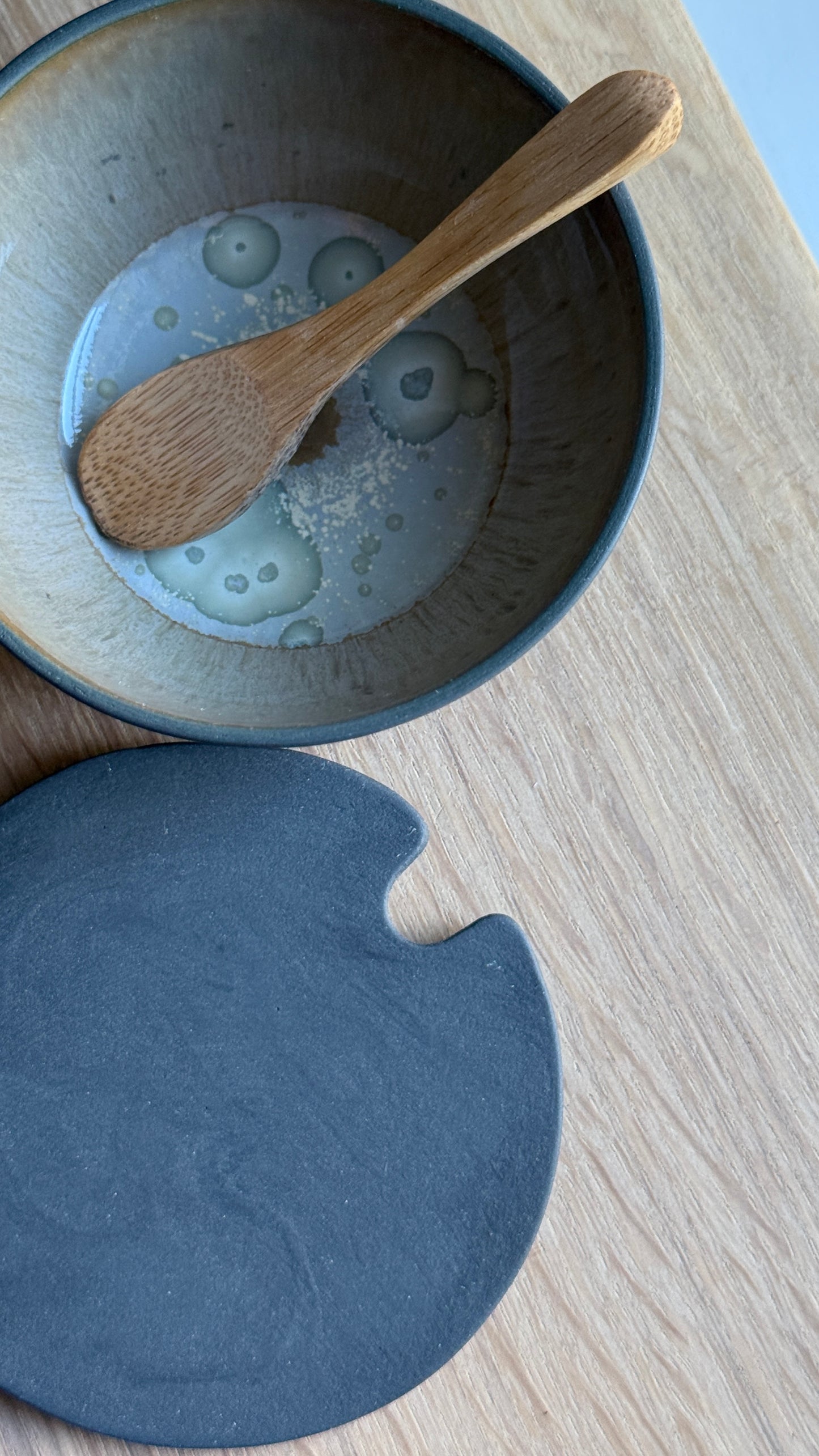 Salt Bowl, w/lid & Spoon, Black w/ crystal glaze