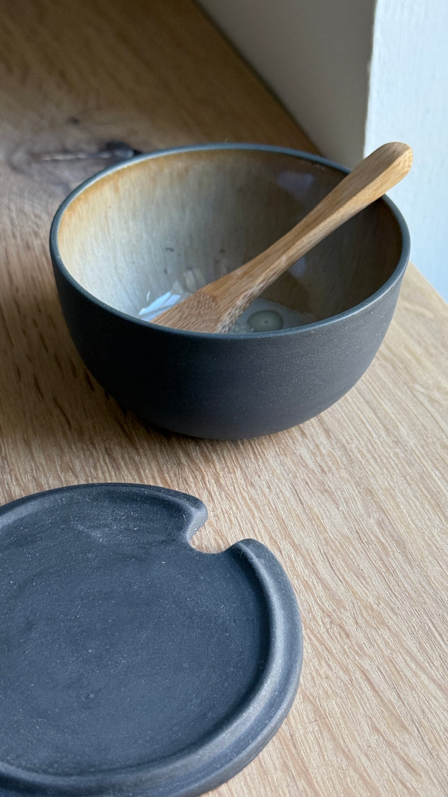 Salt Bowl, w/lid & Spoon, Black w/ crystal glaze