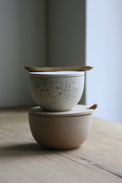 Lidded Bowl, w/Spoon, Dots w/ crystal glaze