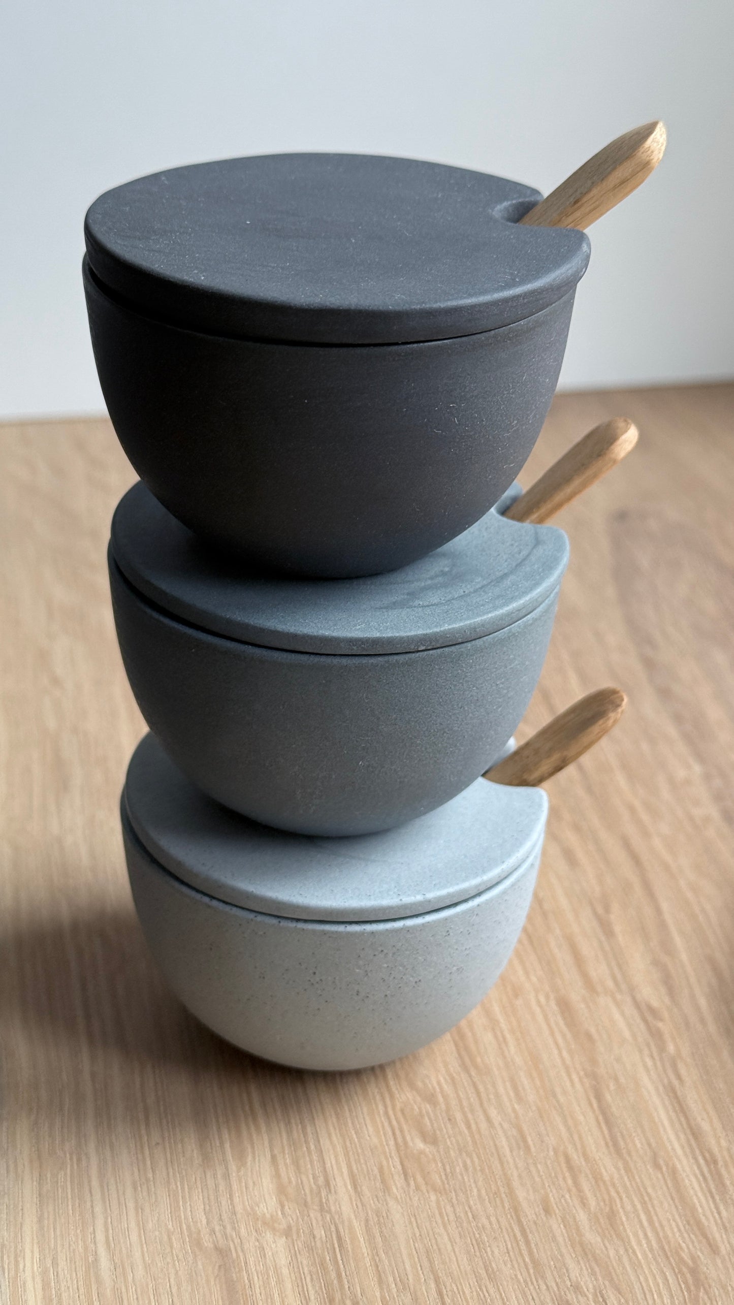 Salt Bowl, w/lid & Spoon, Stone Blue w/ crystal glaze