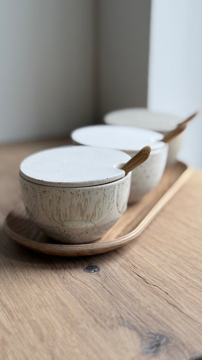 Salt Bowl, w/lid & Spoon, Matt white/ brush