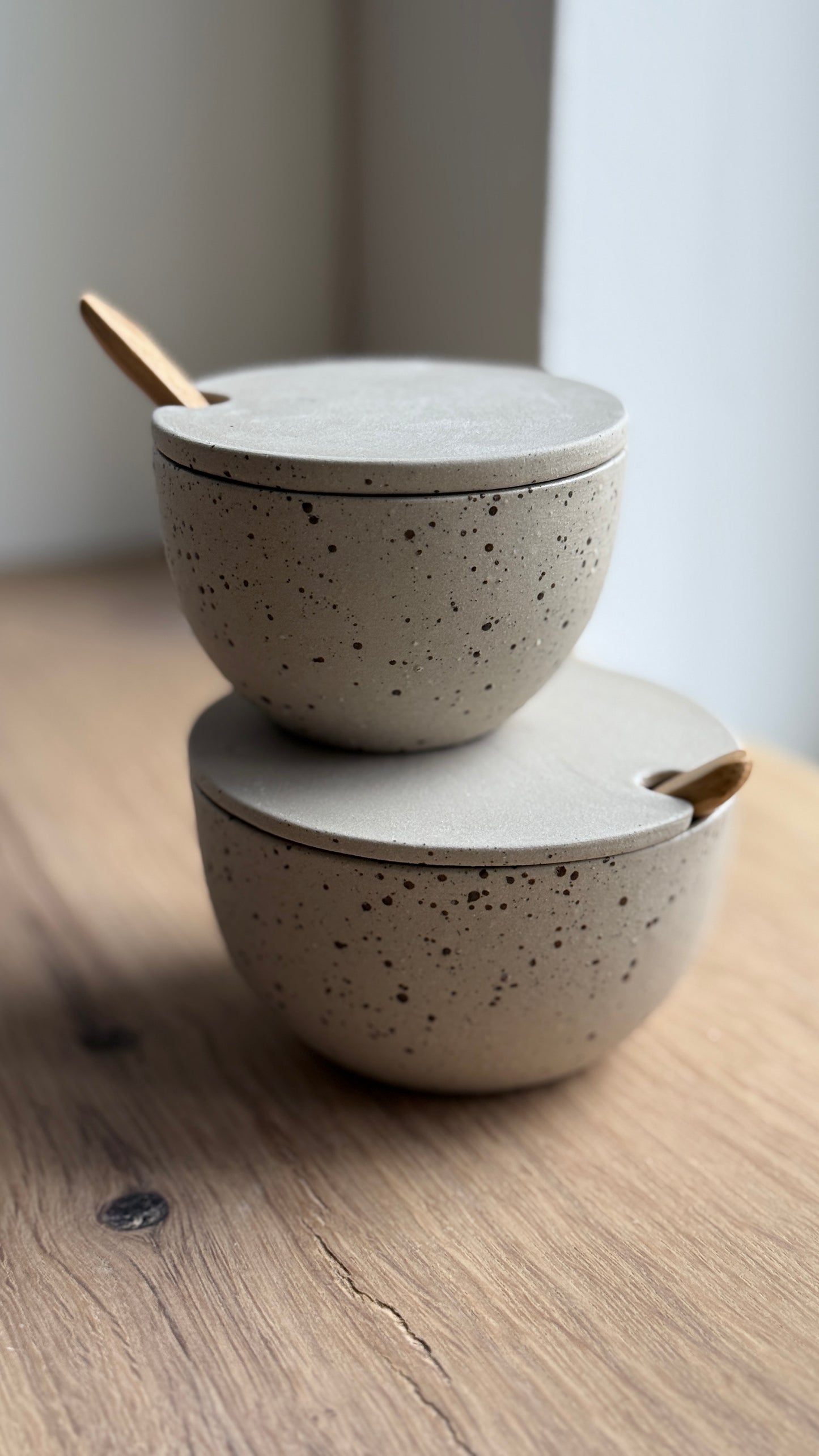Salt Bowl, w/lid & Spoon, sand& Dots w/ crystal glaze