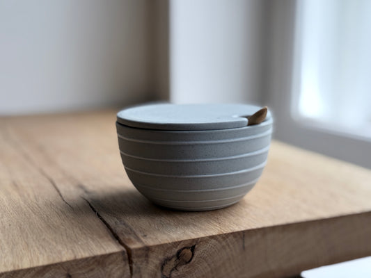 Sugar Bowl w/ lid & spoon, Stone Blue w/ glazed stripes