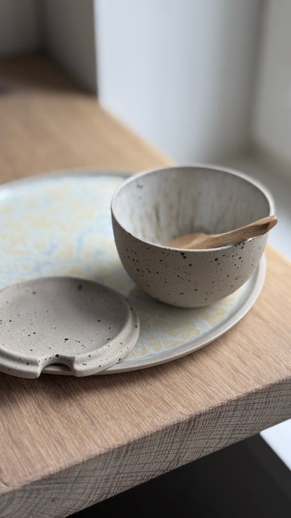 Salt Bowl, w/lid & Spoon, sand& Dots w/ crystal glaze