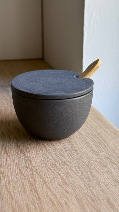 Salt Bowl, w/lid & Spoon, Black w/ crystal glaze