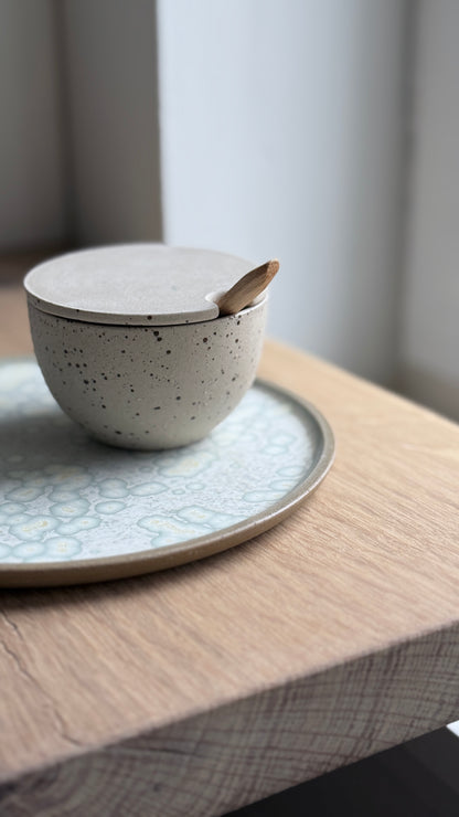 Salt Bowl, w/lid & Spoon, sand& Dots w/ crystal glaze