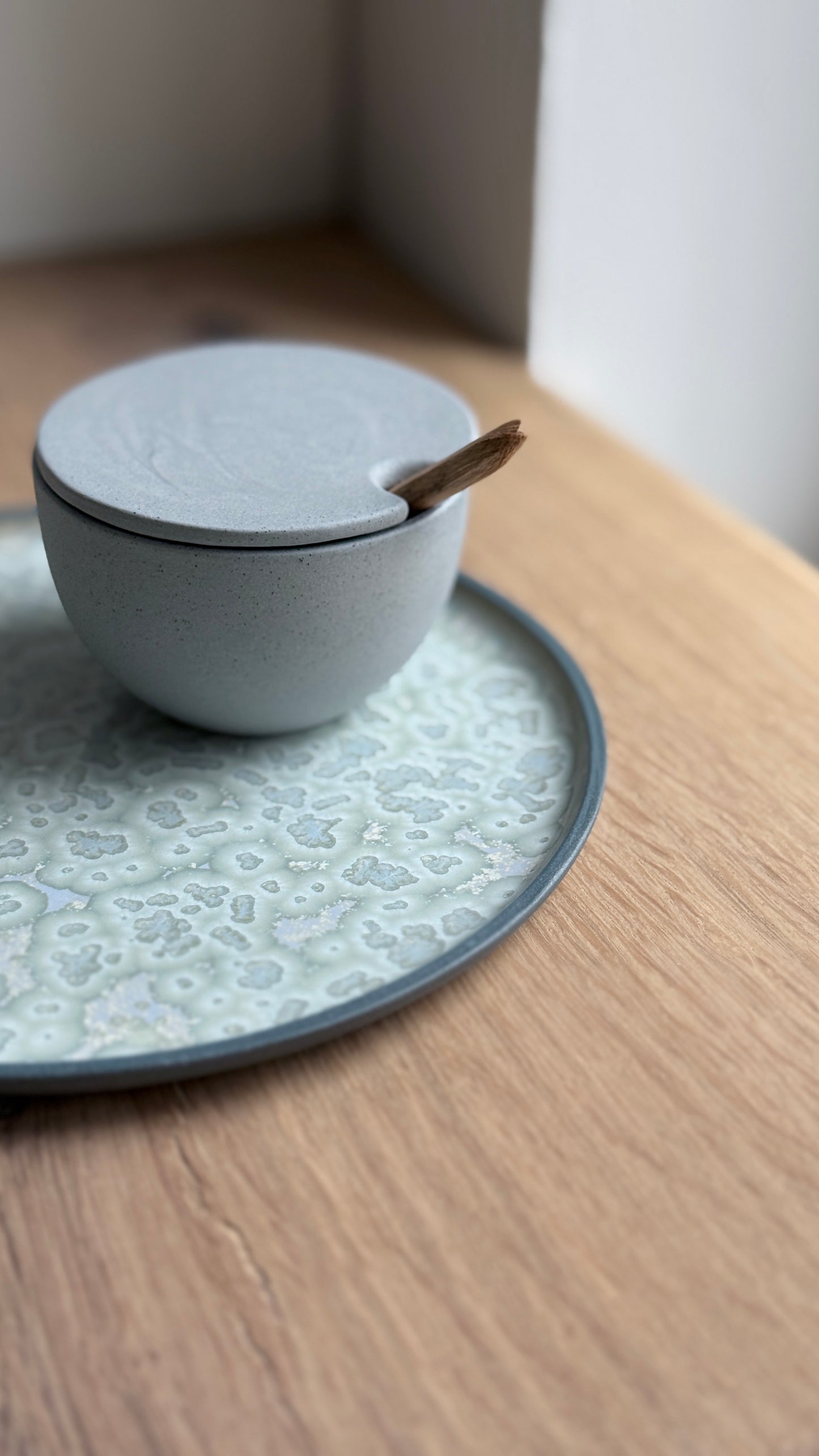 Salt Bowl, w/lid & Spoon, Stone Blue w/ crystal glaze