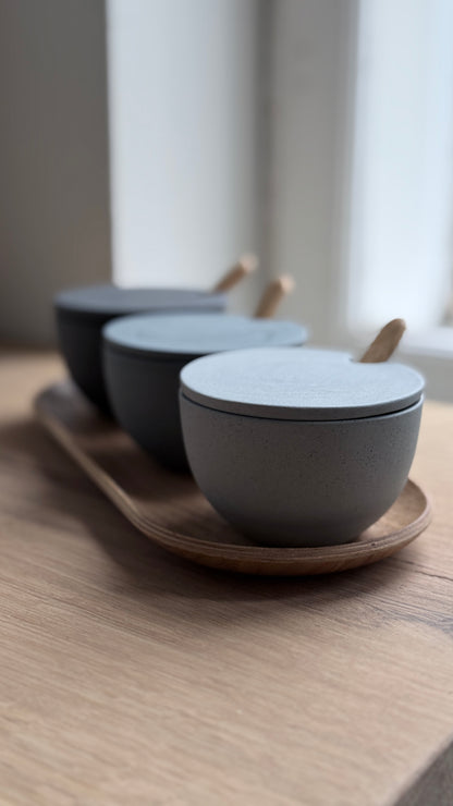 Salt Bowl, w/lid & Spoon, Stone Blue w/ crystal glaze