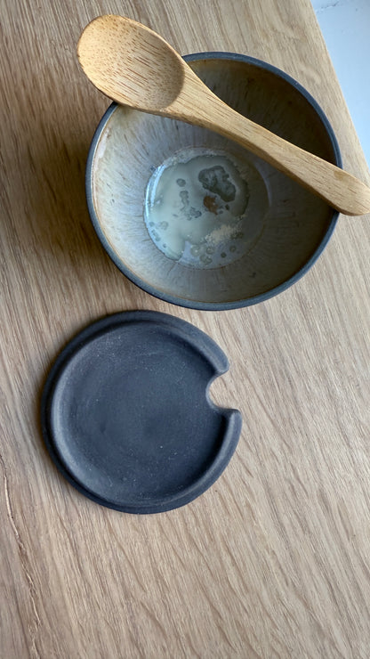 Salt Bowl, w/lid & Spoon, Black w/ crystal glaze