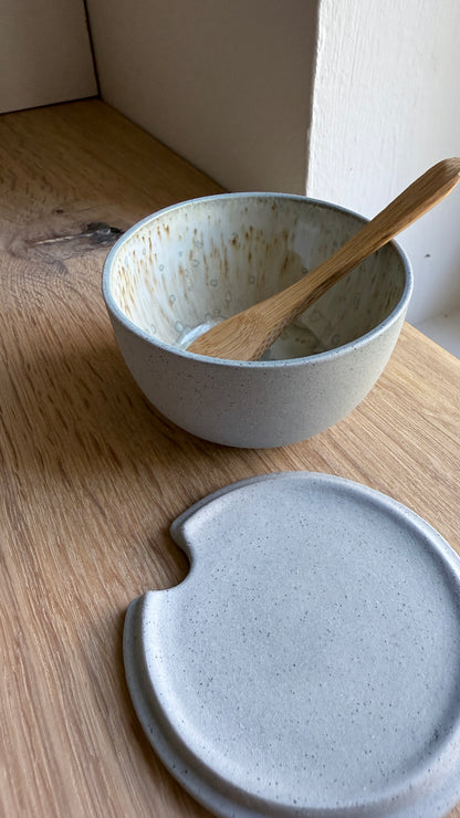 Salt Bowl, w/lid & Spoon, Stone Blue w/ crystal glaze