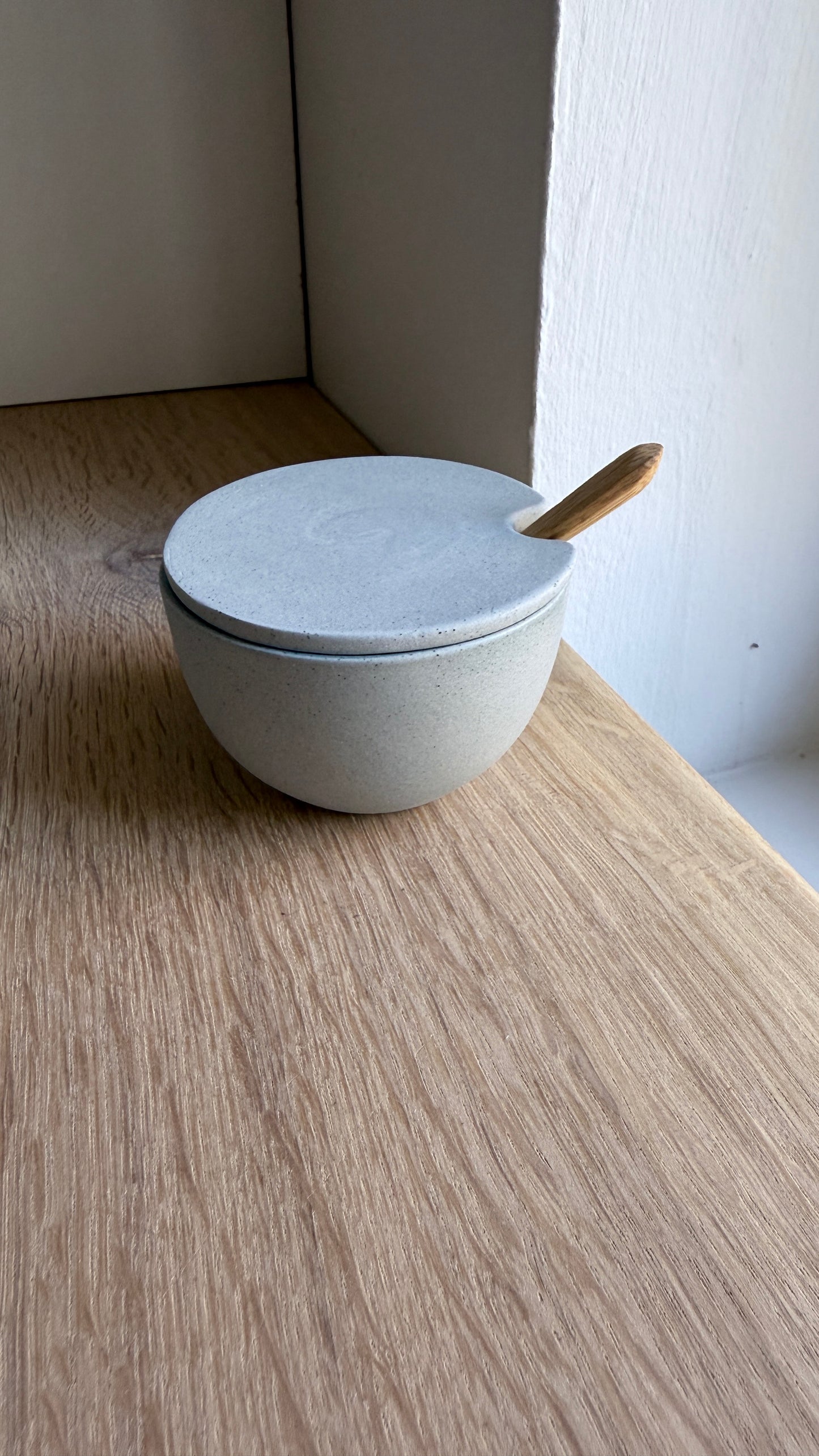 Salt Bowl, w/lid & Spoon, Stone Blue w/ crystal glaze