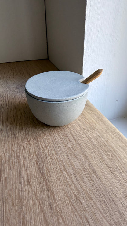 Salt Bowl, w/lid & Spoon, Stone Blue w/ crystal glaze