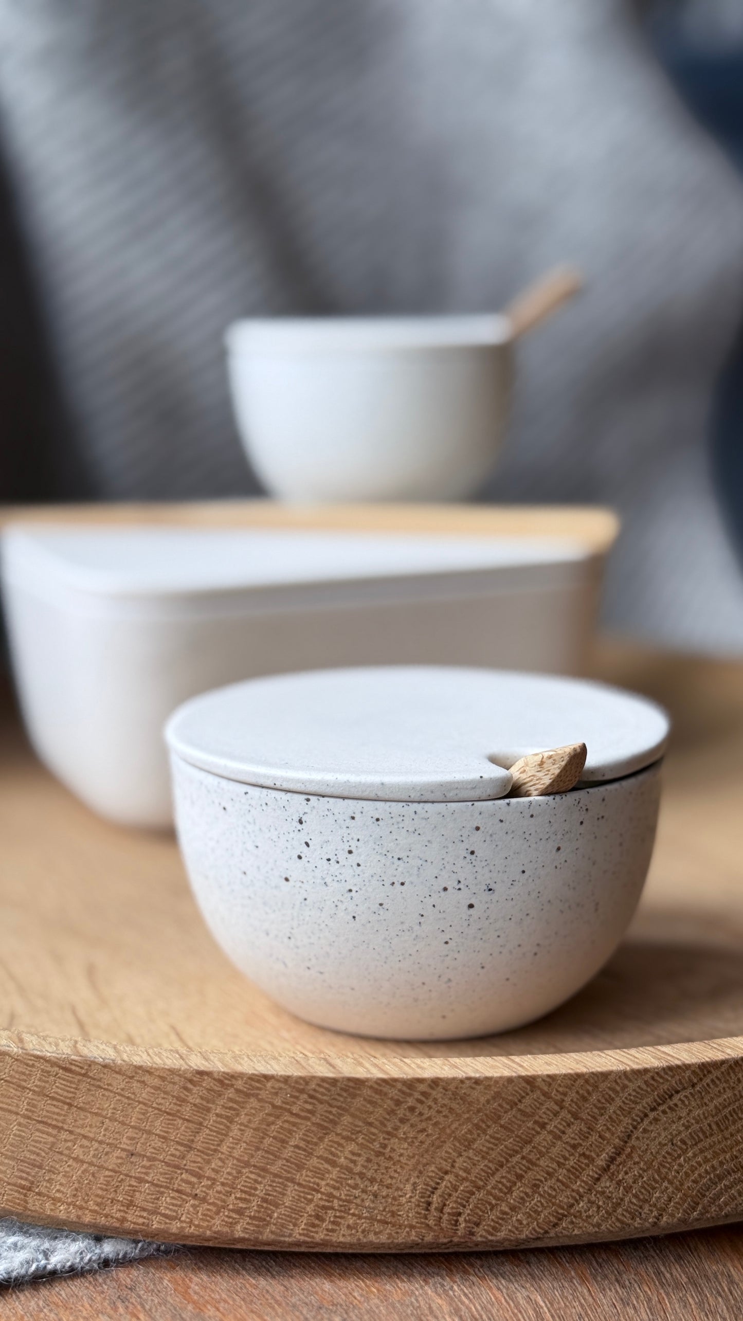 Sugar Bowl w/ lid & spoon, Dots w/ crystal glaze