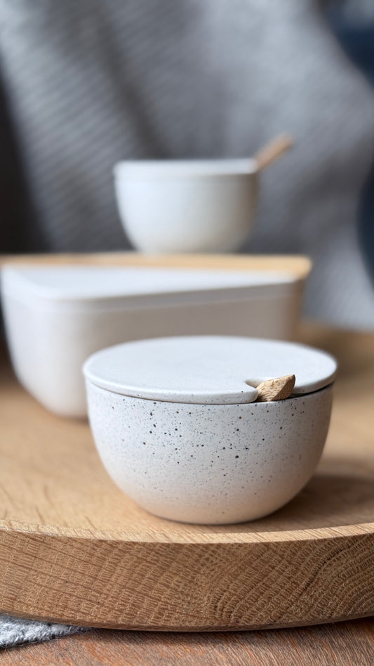 Sugar Bowl w/ lid & spoon, Dots w/ crystal glaze