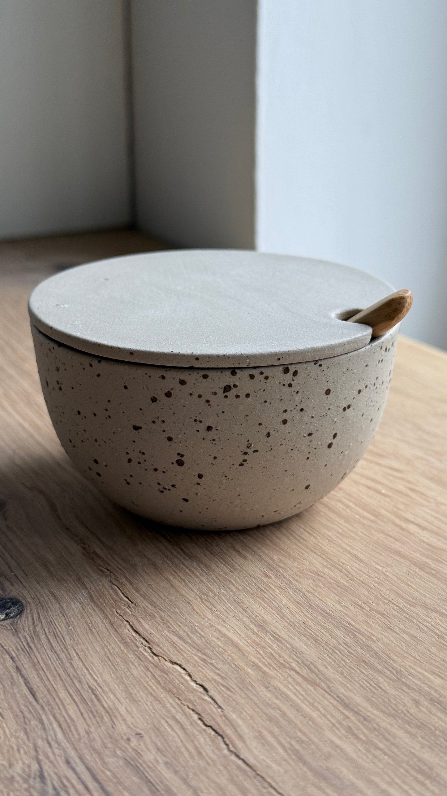 Sugar Bowl w/ lid & spoon, Sand & Dots w/ crystal glaze