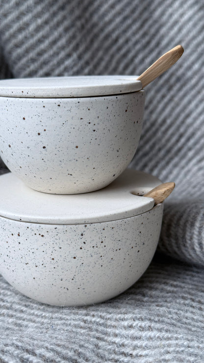 Sugar Bowl w/ lid & spoon, Dots w/ crystal glaze