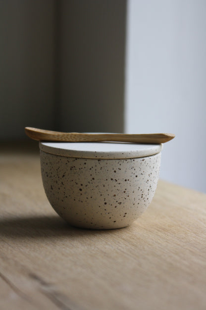 Lidded Bowl, w/Spoon, Dots w/ crystal glaze