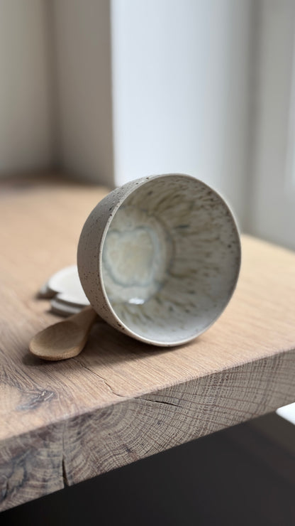 Salt Bowl, w/lid & Spoon, sand& Dots w/ crystal glaze