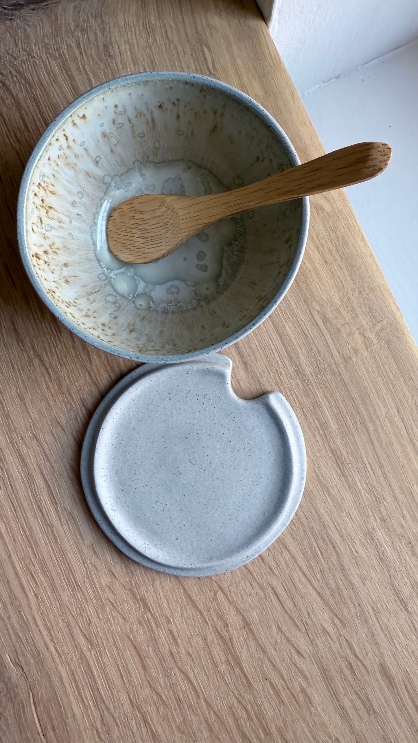 Salt Bowl, w/lid & Spoon, Stone Blue w/ crystal glaze