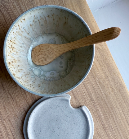 Salt Bowl, w/lid & Spoon, Stone Blue w/ crystal glaze