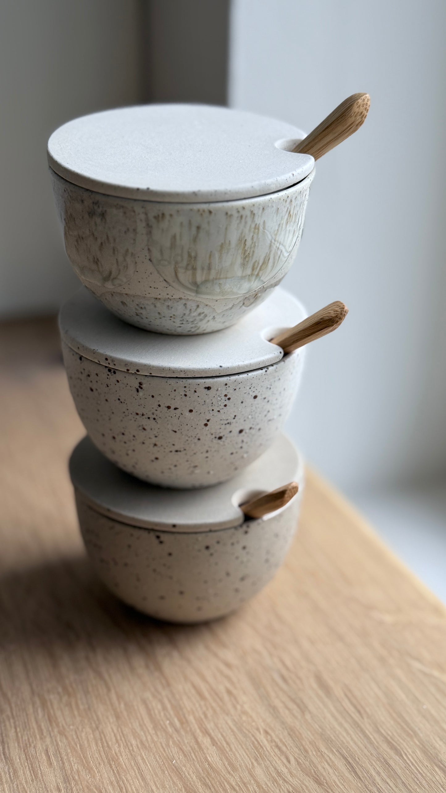 Salt Bowl, w/lid & Spoon, Dots w/ crystal glaze