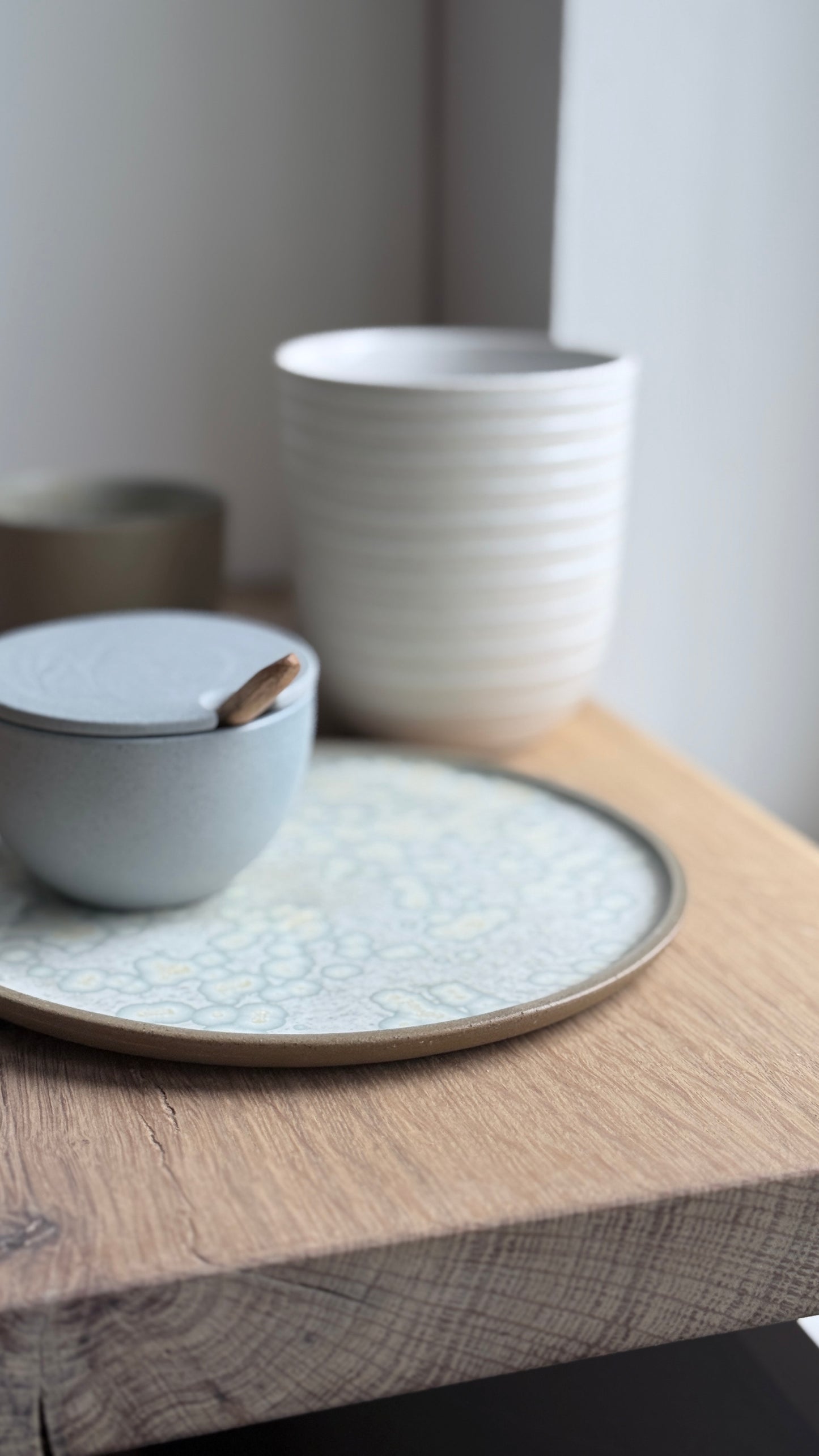 Salt Bowl, w/lid & Spoon, Stone Blue w/ crystal glaze
