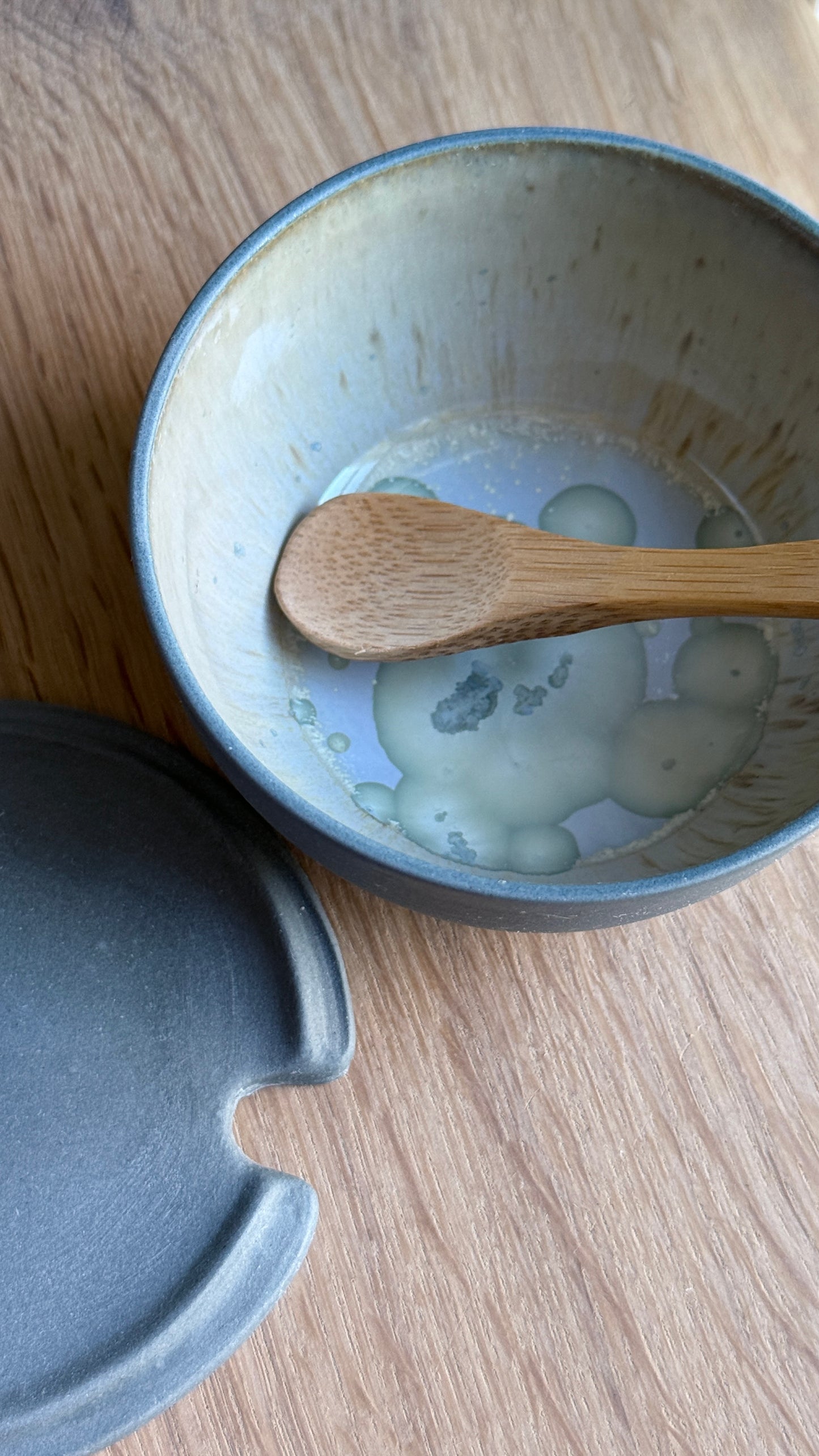 Salt Bowl, w/lid & Spoon, Petrol Blue w/ crystal glaze