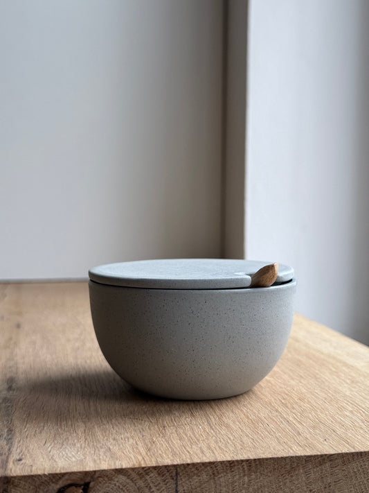 Sugar Bowl w/ lid & spoon, Stone Blue w/ crystal glaze