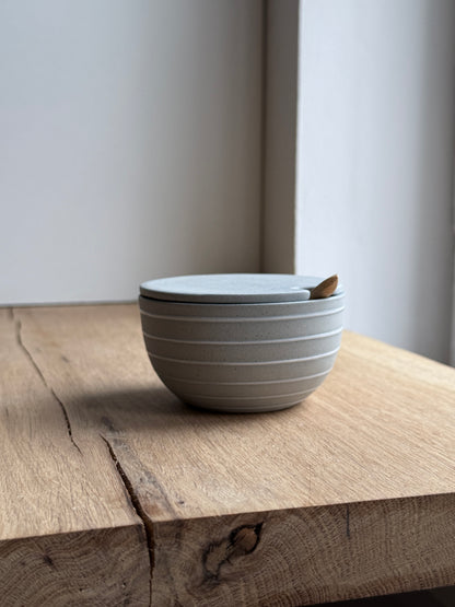 Sugar Bowl w/ lid & spoon, Stone Blue w/ glazed stripes