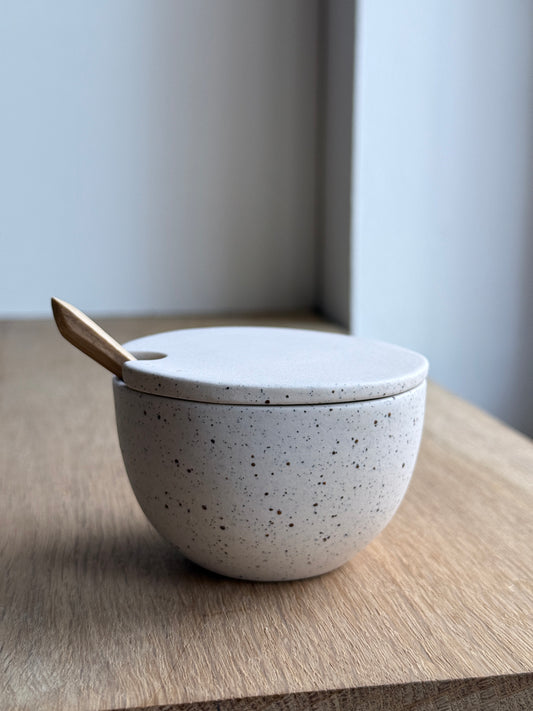 Salt Bowl, w/lid & Spoon, Dots w/ crystal glaze