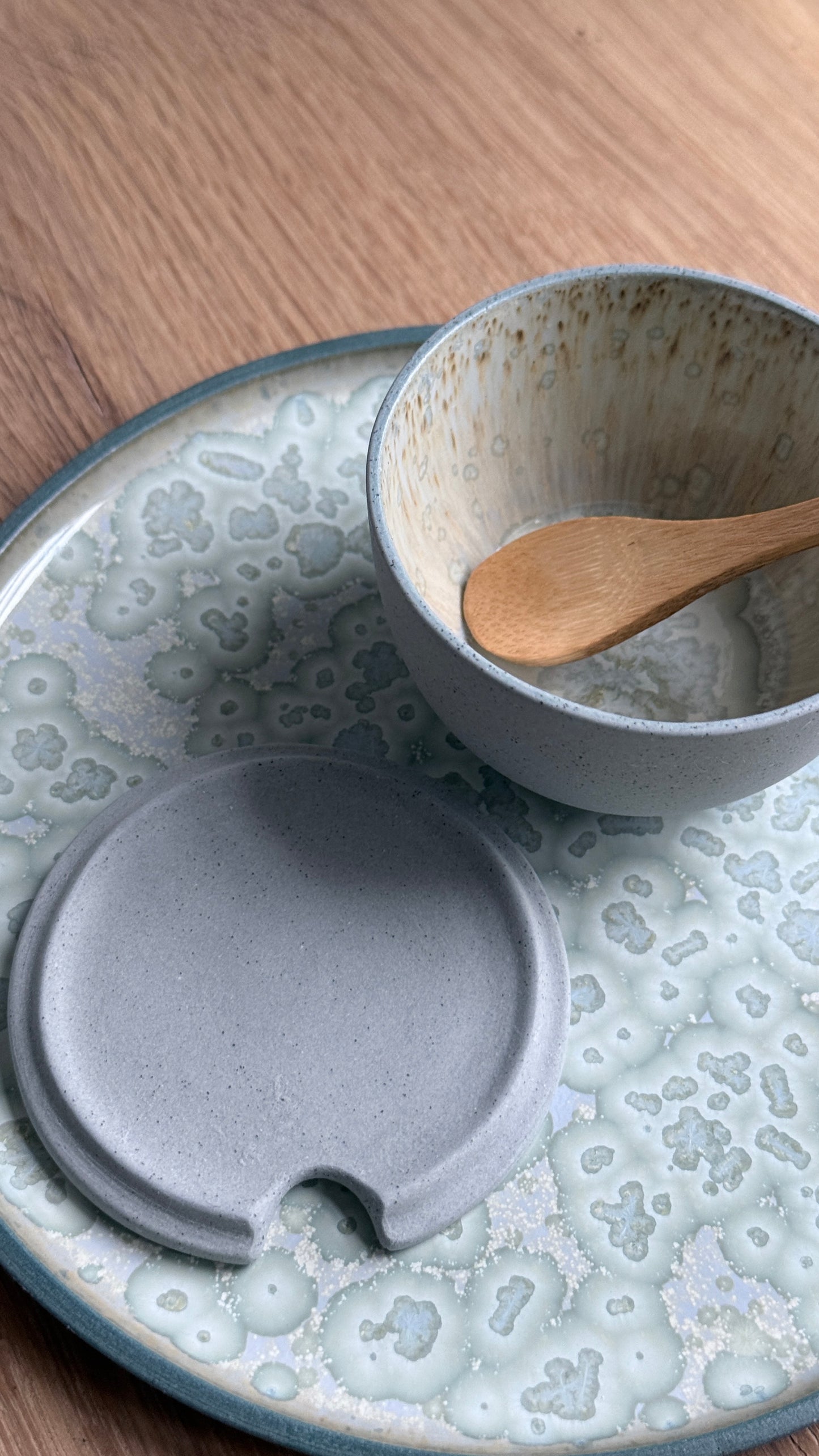Salt Bowl, w/lid & Spoon, Stone Blue w/ crystal glaze
