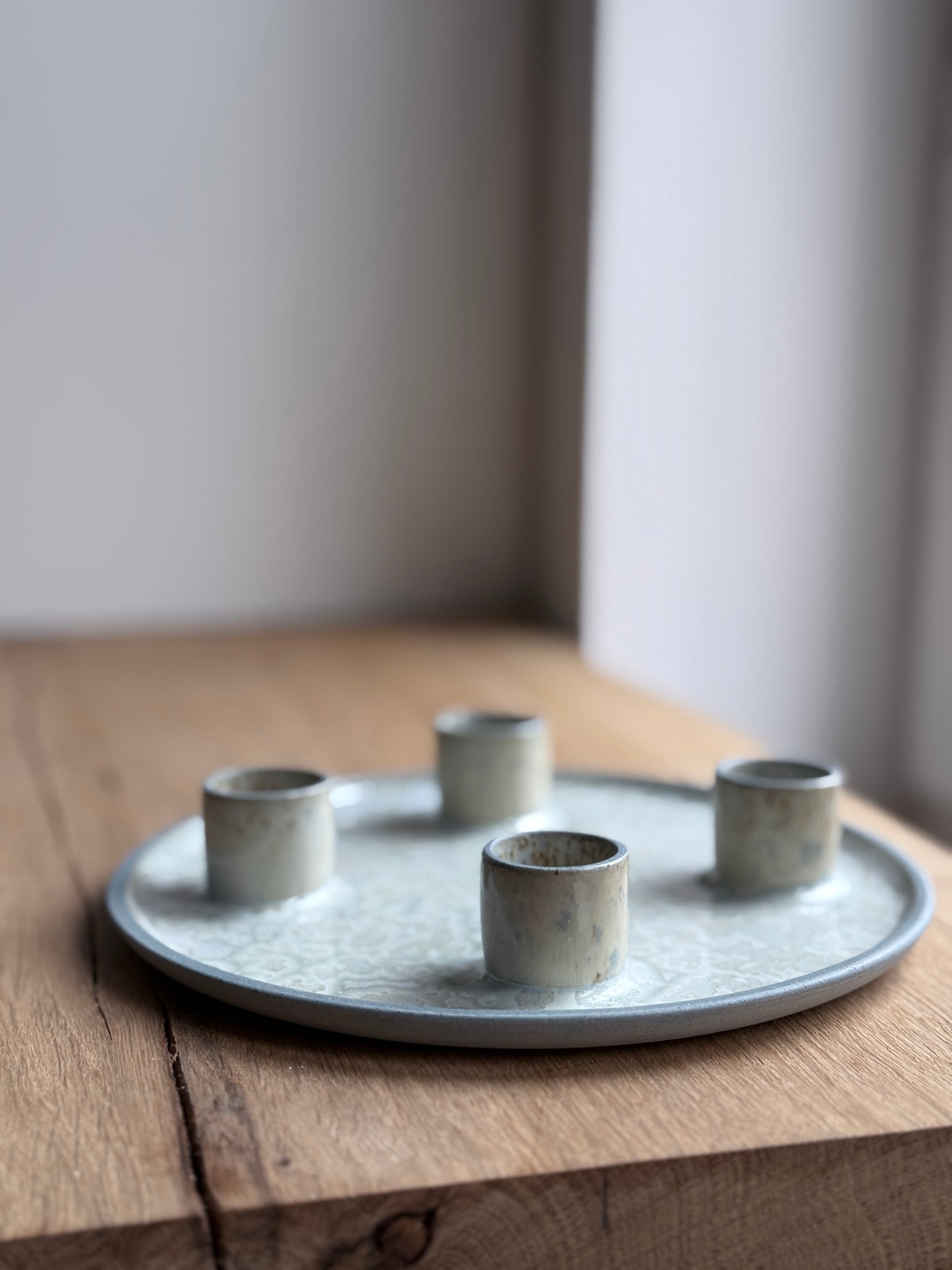 Advent Candlestick , Stone Blue w/Crystal glaze