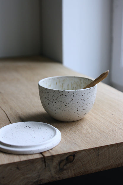 Lidded Bowl, w/Spoon, Dots w/ crystal glaze